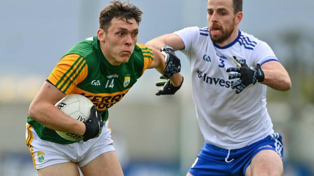 David Clifford of Kerry is tackled by Conor Boyle of Monaghan during the Allianz Football League Division 1 Round 6 match between Monaghan and Kerry at Grattan Park in Inniskeen, Monaghan. 