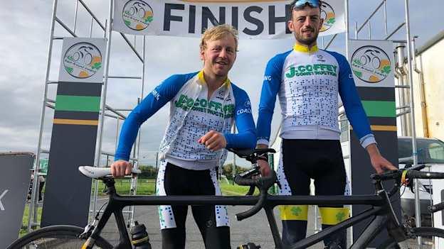 Peter Ryan (l) and Sean Hahessy pictured after completing the 2,157 kilometre Race Around Ireland on their tandem bicycle. 