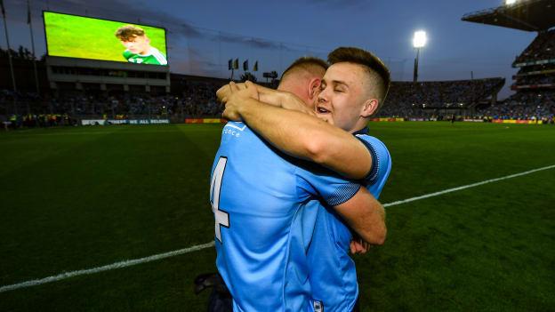 Na Fianna clubmen Jonny Cooper and Eoin Murchan celebrate following Dublin's 2019 All Ireland SFC Final replay win over Kerry at Croke Park.