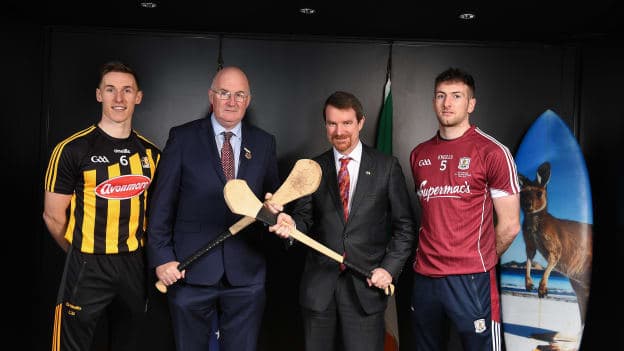 Kilkenny's Cillian Buckley, Uachtarán Chumann Lúthchleas Gael John Horan, Australian Ambassador to Ireland Richard Andrews, and Galway's Padraic Mannion pictured ahead of the Wild Geese Trophy match in Sydney.