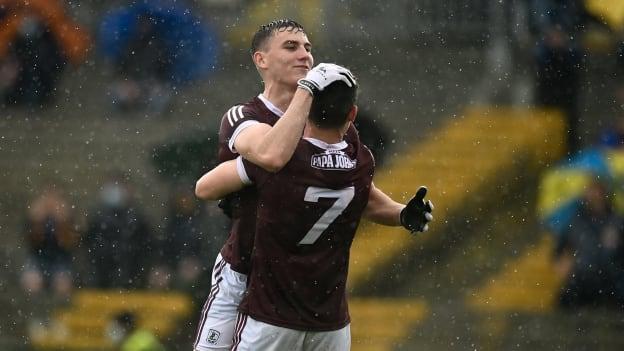 Galway senior footballers Matthew Tierney and Johnny Heaney, pictured celebrating following the 2021 Connacht Championship win over Roscommon, have helped out at Killannin GAA All-Stars training sessions. Photo by Harry Murphy/Sportsfile