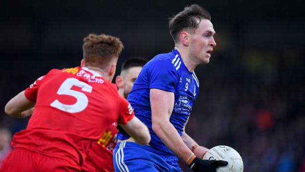 Niall Kearns, Monaghan, and Conor Meyler, Tyrone, in Allianz Football League Division One action.
