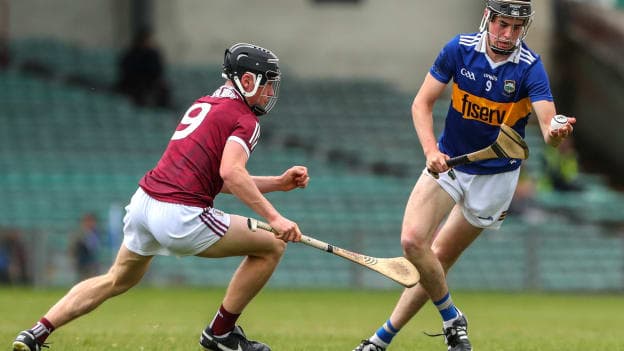 Adam Daly of Tipperary in action against Paddy MacCárthaigh of Galway during the Electric Ireland GAA Hurling All-Ireland Minor Championship Semi-Final match between Tipperary and Galway at the LIT Gaelic Grounds in Limerick. 