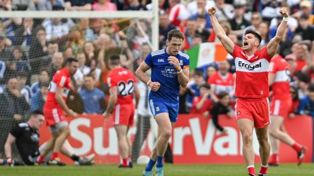 Conor Doherty of Derry, celebrates his side's third goal, scored by Benny Heron, during the Ulster GAA Football Senior Championship Semi-Final match between Derry and Monaghan at Athletic Grounds in Armagh. 