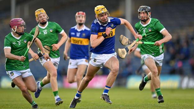 James Morris of Tipperary in action against Limerick players from left, John Kirby, Fintan Fitzgerald, and Barry Duff during the oneills.com Munster GAA Hurling U20 Championship Round 4 match between Tipperary and Limerick at FBD Semple Stadium in Thurles, Tipperary. Photo by Stephen Marken/Sportsfile