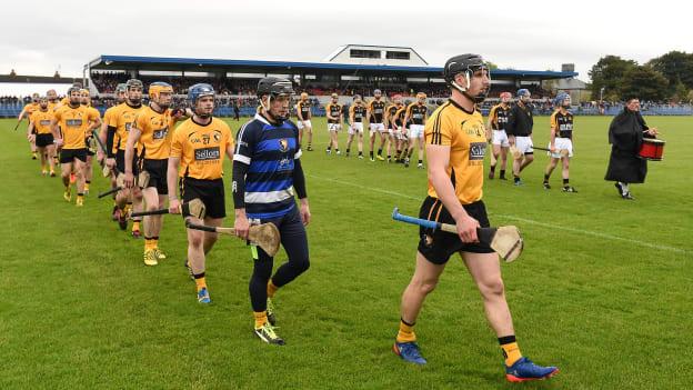 Clonlara captain John Conlon leads his team behind the Tulla Pipe Band during the pre-match parade before the 2016 Clare County Senior Club Hurling Championship Final between Clonlara and Ballyea at Cusack Park in Ennis, Co. Clare. Photo by Diarmuid Greene/Sportsfile