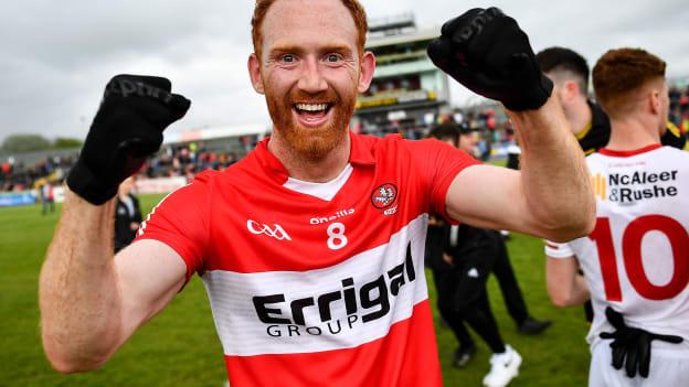 Conor Glass of Derry celebrates after the Ulster GAA Football Senior Championship Quarter-Final match between Tyrone and Derry at O'Neills Healy Park in Omagh, Tyrone. 