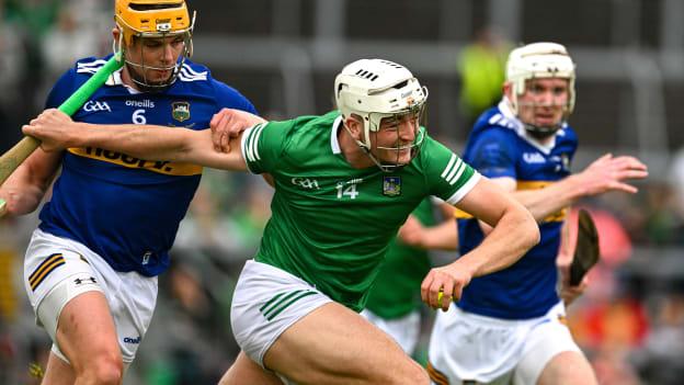 Kyle Hayes of Limerick is tackled by Ronan Maher of Tipperary during the Munster GAA Hurling Senior Championship Round 3 match between Limerick and Tipperary at TUS Gaelic Grounds in Limerick.