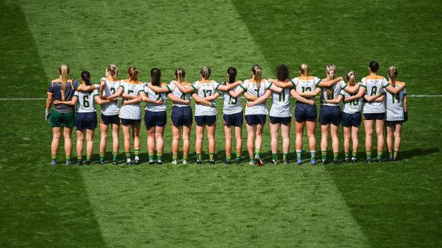 Meath players stand for the playing of the National Anthem before the TG4 All-Ireland Ladies Football Senior Championship Semi-Final match between Donegal and Meath at Croke Park in Dublin. 