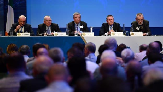 Delegates at the top table, from left, John Joe O'Carroll, Ned Quinn, Ger Ryan, Ciarán McLaughlin, Uachtarán Chumann Lúthchleas Gael Larry McCarthy, Ard Stiúrthóir of the GAA Tom Ryan, GAA presidential candidate Pat Teehan, John Murphy and Noel O'Sullivan during day one of the GAA Annual Congress 2023 at Croke Park in Dublin. 
