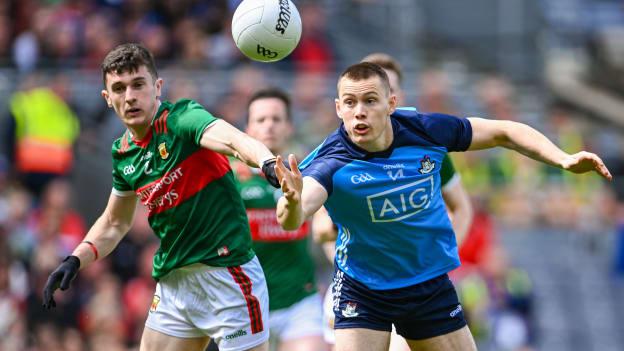 Jack Coyne, Mayo, and Con O'Callaghan, Dublin, in All-Ireland SFC Quarter-Final action at Croke Park. Photo by Piaras Ó Mídheach/Sportsfile