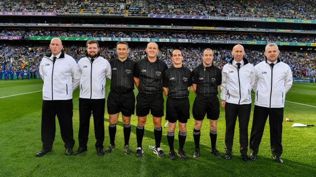 Referee Conor Lane with his umpires, Raymond Hegarty, Kevin Roche, DJ O'Sullivan and Pat Kelly, linesmen Maurice Deegan and David Coldrick, and the sideline official Niall Cullen before the 2019 GAA Football All-Ireland Senior Championship Final Replay match between Dublin and Kerry at Croke Park in Dublin.