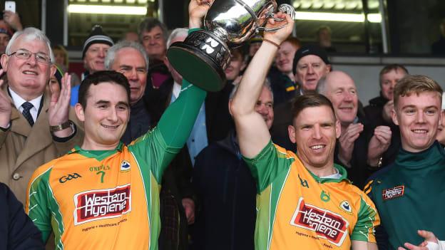 Alan Burke and Ciaran McGrath with the Frank Fox Cup following the 2016 Galway SFC Final.