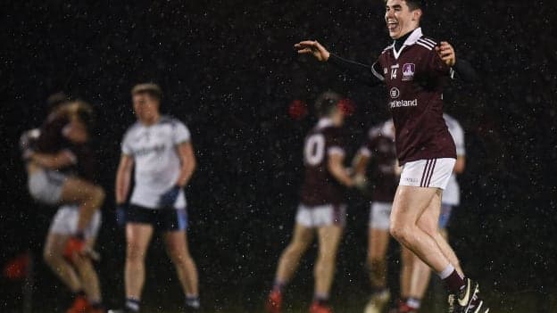 Jack Robinson of NUI Galway celebrates following the Electric Ireland Sigerson Cup Quarter Final match between National University of Ireland, Galway, and Ulster University at the GAA Centre of Excellence in Abbotstown, Dublin. 