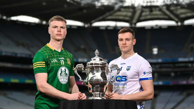 Matthew Costello of Meath, left, and Dermot Ryan of Waterford during the Tailteann Cup launch at Croke Park in Dublin. Photo by David Fitzgerald/Sportsfile.