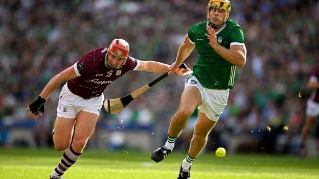 Conor Whelan of Galway in action against Dan Morrissey of Limerick during the 2023 GAA Hurling All-Ireland Senior Championship semi-final match between Limerick and Galway at Croke Park in Dublin. Photo by Brendan Moran/Sportsfile.