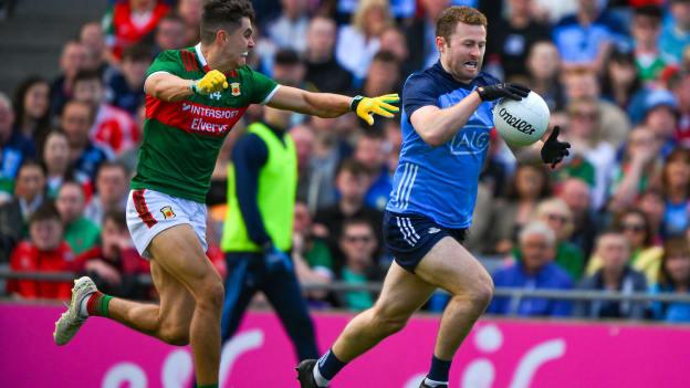 Jack McCaffrey of Dublin in action against Tommy Conroy of Mayo during the 2023 GAA Football All-Ireland Senior Championship quarter-final match between Dublin and Mayo at Croke Park in Dublin. Photo by Ray McManus/Sportsfile.