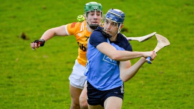 Eoghan O'Donnell scores a second-half point for Dublin in their Allianz Hurling League Division 1 clash with Antrim. 