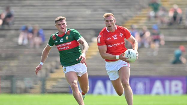 Conor Grimes, Louth, and Jordan Flynn, Mayo, in All-Ireland SFC action earlier this month. Photo by Seb Daly/Sportsfile