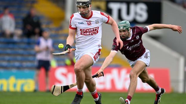 Barry Walsh of Cork in action against Aaron Niland of Galway during the Electric Ireland GAA Hurling All-Ireland Minor Championship Semi-Final match between Galway and Cork at FBD Semple Stadium in Thurles, Tipperary. Photo by Stephen Marken/Sportsfile