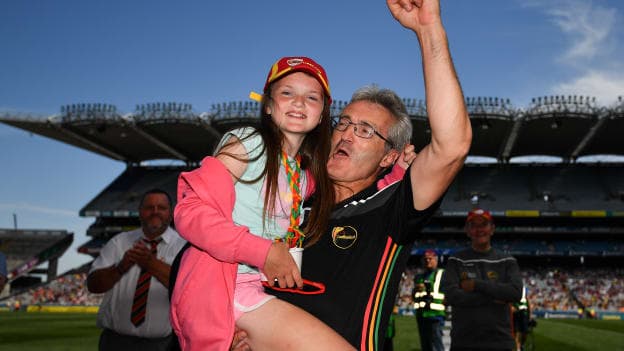Colm Bonnar celebrates with his daughter Ashleigh following the 2018 Joe McDonagh Cup Final at Croke Park.