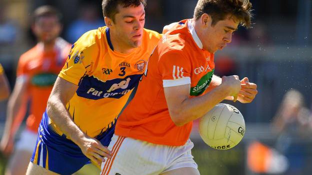Andrew Murnin, Armagh, and Cillian Brennan, Clare, in All Ireland SFC Round Three Qualifier action at the Athletic Grounds.