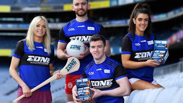 In attendance at the In the Zone – The Official Protein Cookies & Biscuits of the GAA & GPA Launch event at Croke Park in Dublin are, from left, Sarah Dervan of Galway, Padraig Hampsey of Tyrone, Tony Kelly of Clare and Erika O'Shea of Cork.