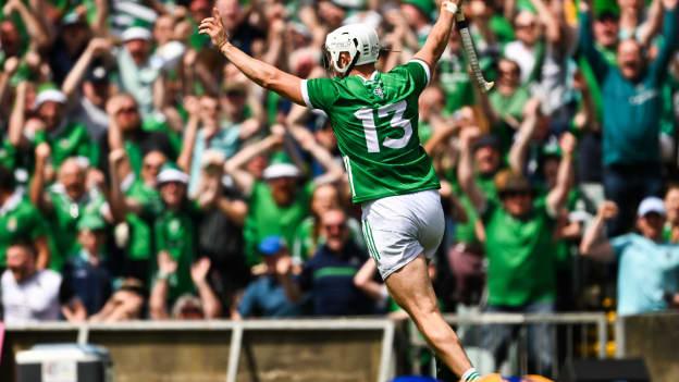 Aaron Gillane of Limerick celebrates after scoring his side's first goal during the Munster GAA Hurling Championship Final match between Clare and Limerick at TUS Gaelic Grounds in Limerick. Photo by Daire Brennan/Sportsfile.