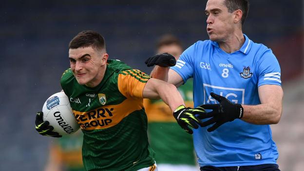 Seán O'Shea, Kerry, and Brian Fenton, Dublin, in Allianz Football League action last year.