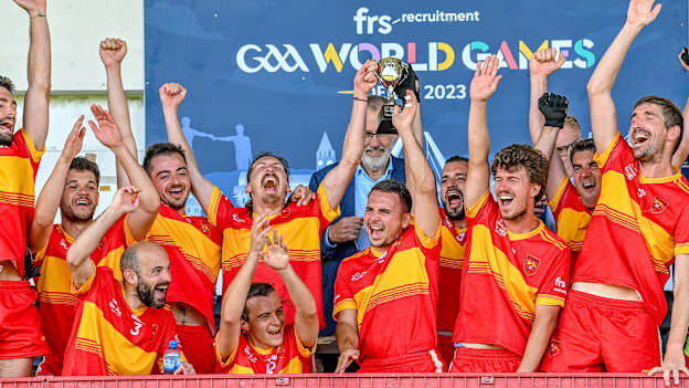 Gasconha celebrate with the trophy after the Men's Football International Division 2 Cup Final win over Siroc at the FRS Recruitment GAA World Games. Photo by Piaras Ó Mídheach/Sportsfile