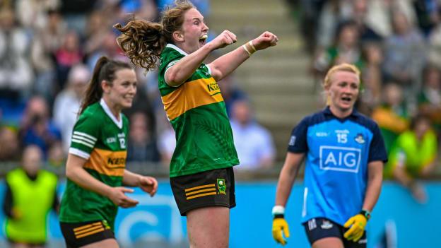 Síofra O'Shea of Kerry and Carla Rowe of Dublin react at the full-time whistle in the TG4 All-Ireland Ladies Senior Football Championship Round 1 match between Dublin and Kerry at Parnell Park in Dublin. Photo by Harry Murphy/Sportsfile.