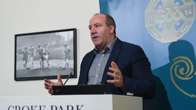 Committee Member Brian Cuthbert speaking at the Launch of GAA Talent Academy and Player Development report at Croke Park in Dublin.