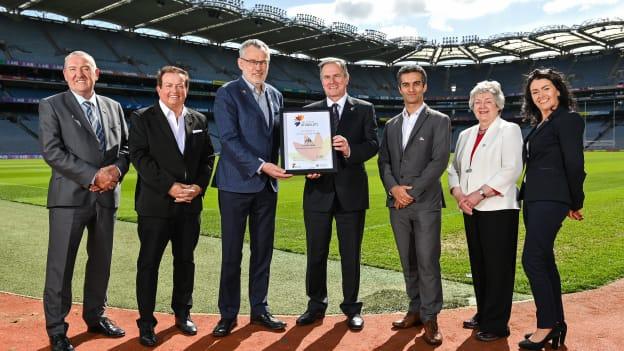 Pat Dowling, Chief Executive, Clare County Council, Chairperson of the National Network of Age Friendly Alliances, Marty Morrissey, Uachtarán Chumann Lúthchleas Gael Larry McCarthy, Peter McKenna, Stadium Director, Croke Park, Thiago Hérick de Sá, PhD., Age-friendly Environments, World Health Organisation, Kitty Hughes, Chairperson, National Network of Older People’s Councils, and Catherine McGuigan, Chief Officer, Age Friendly Ireland Shared Service, during the Croke Park Age Friendly Stadium and Age Friendly Ambassadors launch, at Croke Park in Dublin. 