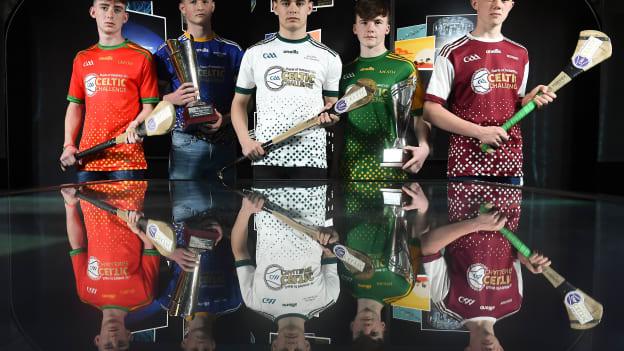 Pictured, from left, Jamie Behan of Carlow, Shane Browne of Wicklow Blue, Evan O'Brien of Kildare Lilywhites, Drew Hamilton of Meath and Eamon Cunneen of Westmeath at the launch of the Bank of Ireland Celtic Challenge 2019 at the EPIC Museum, CHQ Building in Dublin.