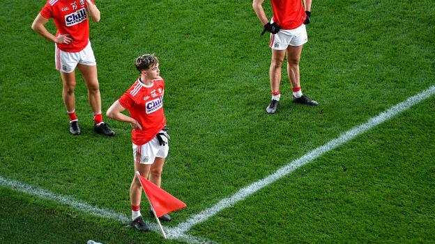 Dejected Cork players, left to right, Sean White, Cathail O’ Mahony, Brian Hurley, and Maurice Shanley after the Munster GAA Football Senior Championship Final match between Cork and Tipperary at Páirc Uí Chaoimh in Cork.
