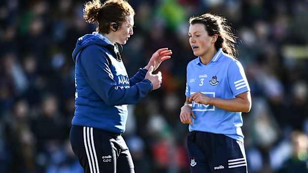 Dublin selector Cliodhna O'Connor with Leah Caffrey during the Lidl Ladies Football National League Division 1 match between Meath and Dublin at Páirc Táilteann in Navan, Meath. 