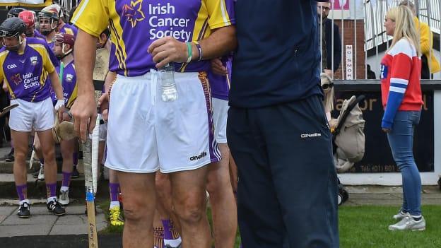 Larry O'Gorman and Liam Griffin before the eighth annual Hurling for Cancer Research, a celebrity hurling match in aid of the Irish Cancer Society in St Conleth’s Park, Newbridge, in 2019.