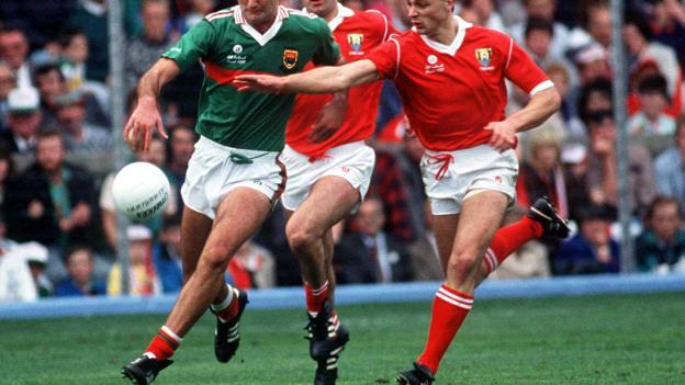 Liam McHale of Mayo in action against Tony Davis of Cork during the All-Ireland Senior Football Championship Final between Cork and Mayo at Croke Park in Dublin.