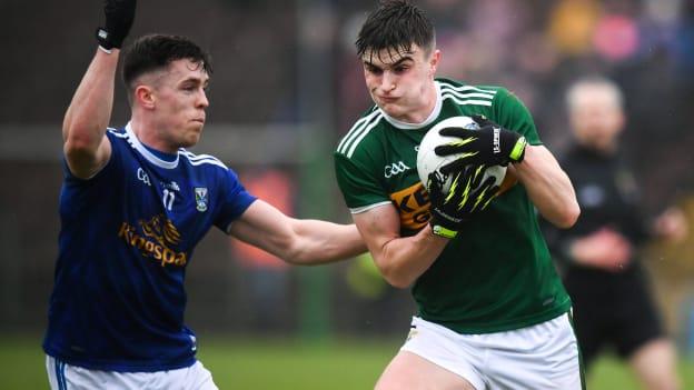 Sean O'Shea of Kerry in action against Dara McVeety of Cavan during the Allianz Football League Division 1 Round 2 match between Cavan and Kerry at Kingspan Breffni in Cavan. 