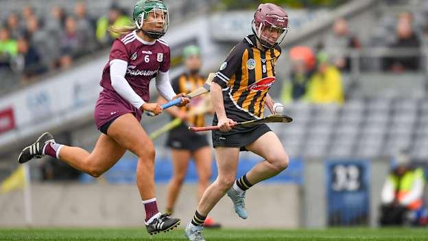 Anne Dalton of Kilkenny in action against Emma Helebert of Galway during the Littlewoods Ireland Camogie League Division 1 Final match between Kilkenny and Galway at Croke Park in Dublin. 