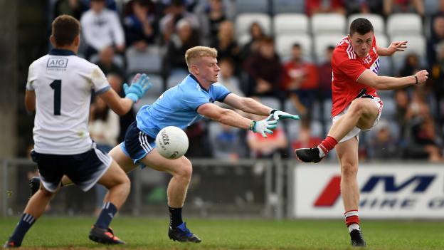 Mark Cronin of Cork shoots to score his side's second goal during the EirGrid GAA Football All-Ireland U20 Championship Final match between Cork and Dublin at O’Moore Park in Portlaoise, Laois.
