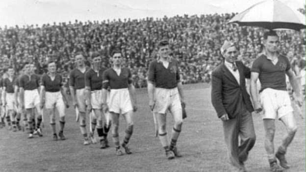 Sean Kenny 'The Iron Man from Borris-Ileigh' leads his team out before the 1949 Tipperary SHC Final. 