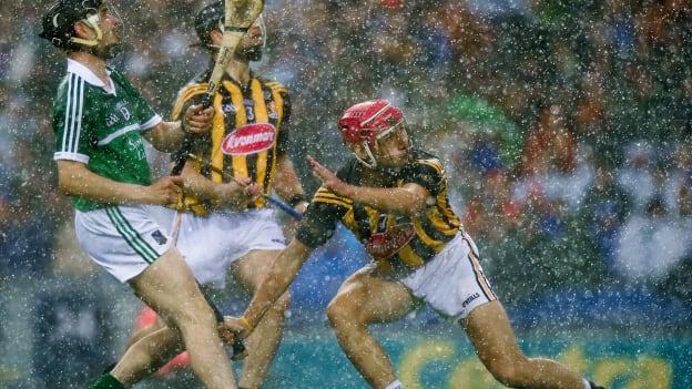 Sean Tobin, Limerick, JJ Delaney and Cillian Buckley, Kilkenny, during the 2014 All Ireland SHC Semi-Final at Croke Park.