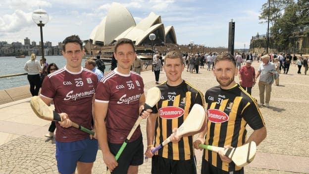(l to r) Galway hurlers Gearoid McInerney and Niall Burke and Kilkenny hurlers Eoin Murphy and Conor Fogarty pictured in Sydney ahead of the Wild Geese Trophy. 