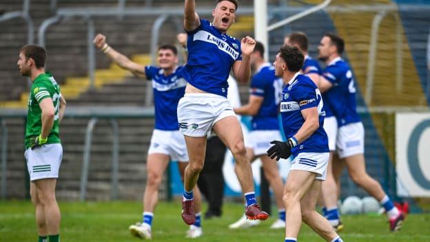 Patrick O'Sullivan of Laois celebrates at the final whistle after the Tailteann Cup Preliminary Quarter Final match between Fermanagh and Laois at Brewster Park in Enniskillen, Fermanagh. Photo by David Fitzgerald/Sportsfile.