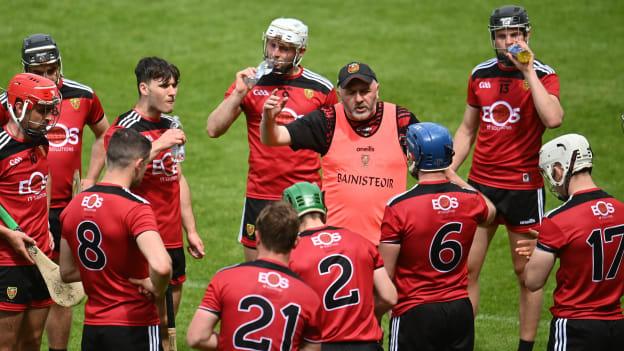 Down manager Ronan Sheehan talks to his players at a drinks break during the 2021 Allianz Hurling League Division 2A Round 4 match between Offaly and Down at Bord na Móna O'Connor Park in Tullamore, Offaly. 