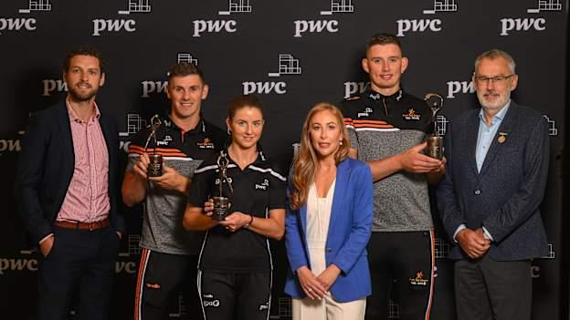 Marie Coady, PwC Partner, GPA Chief Executive Tom Parsons, left, and Uachtarán Chumann Lúthchleas Gael Larry McCarthy, right, with PwC GAA/GPA Players of the Month for July/August, from left, Galway footballer Shane Walsh, PwC GPA Player of the Month ladies football Niamh O’Sullivan and Limerick hurler Gearóid Hegarty, with their awards at PwC offices in Dublin.
