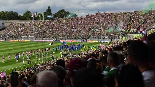 The Kerry and Galway teams before the 2022 All-Ireland SFC Final at Croke Park.
