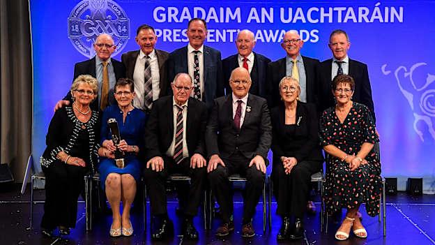 The McGovern Family of Burren GAA, Down, are presented with the Dermot Earley Family Award by Uachtarán Chumann Lúthchleas Gael John Horan and Maolmhuire Tynan, Head of Public Affairs AIB, during the GAA President’s Awards at Croke Park in Dublin. 