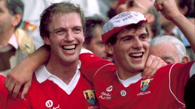 Cork players, Larry Tompkins, left, and John O'Driscoll, celebrate on the steps of the Hogan Stand after victory over Mayo in the 1989 All-Ireland SFC Final. 